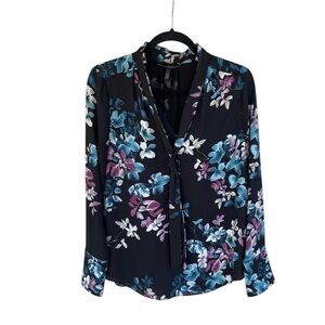 WHBM Top Blouse Size 4 Floral Tie Neck Women’s Black Blue Long Sleeve